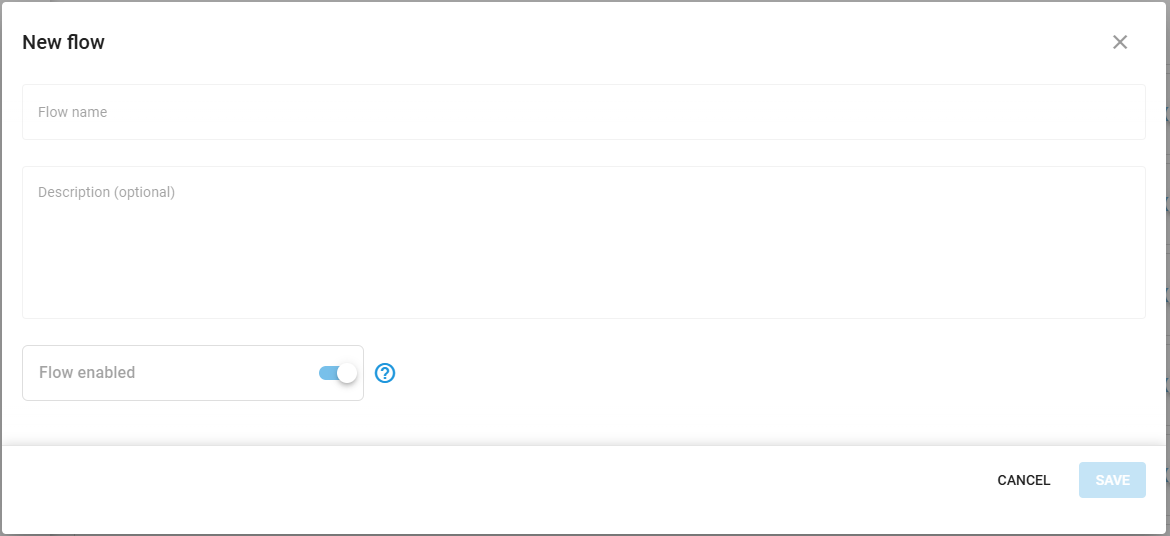 Create Flow dialog with name, description, and enabled state fields