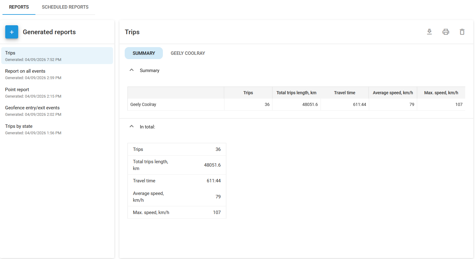 Image of the main page of the Reports module