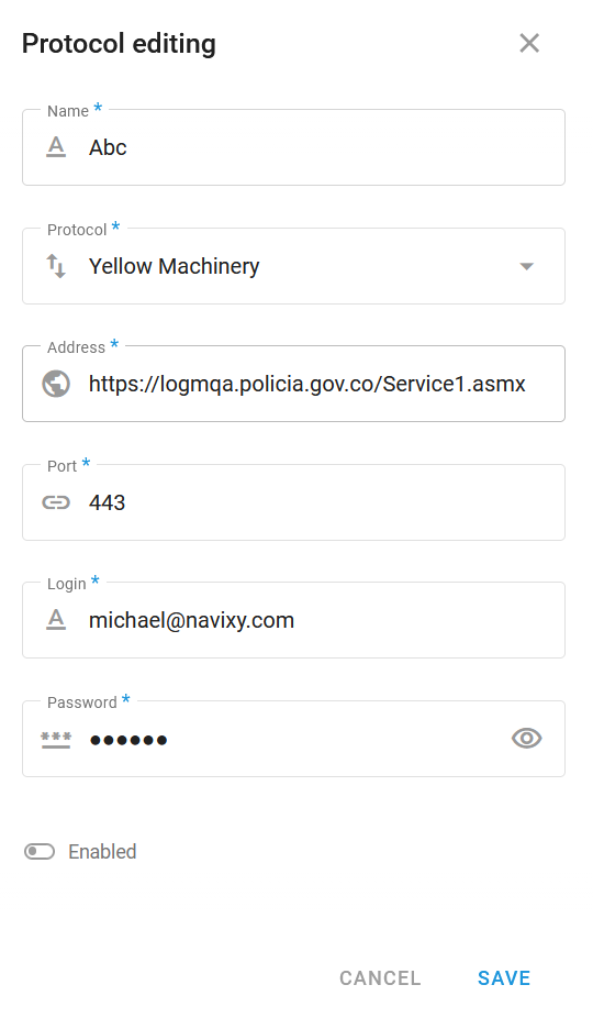 The Protocol editing dialog with Yellow Machinery selected and the police endpoint address entered