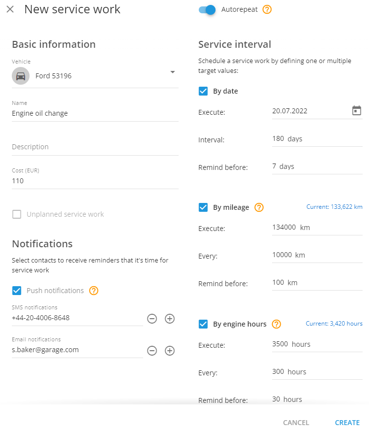 The New service work dialog with Autorepeat turned on, showing Basic information and Notifications fields on the left and the Service interval section with By date, By mileage, and By engine hours target values on the right